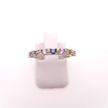 9ct White gold Multi Stone Vari-hue Rainbow Sapphire and Diamond 1/2 Eternity Row Ring