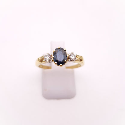 18ct Yellow Gold Vintage Oval Sapphire and Round Diamond Trilogy Ring
