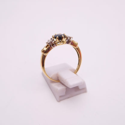 18ct Yellow Gold Vintage Oval Sapphire and Round Diamond Trilogy Ring