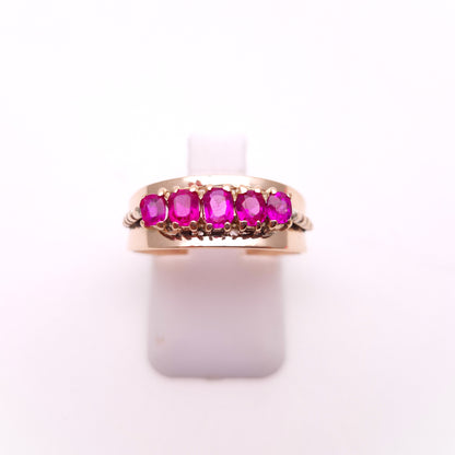 9ct Rose gold Antique 5 Stone Old Cut Ruby Wide Band Ring