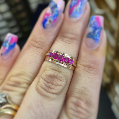 9ct Rose gold Antique 5 Stone Old Cut Ruby Wide Band Ring