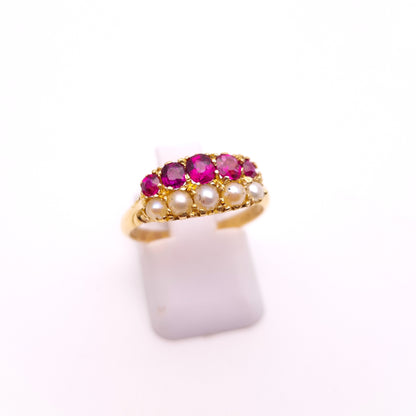 18ct Yellow Gold Antique Ruby and Pearl Double Row Block Ring