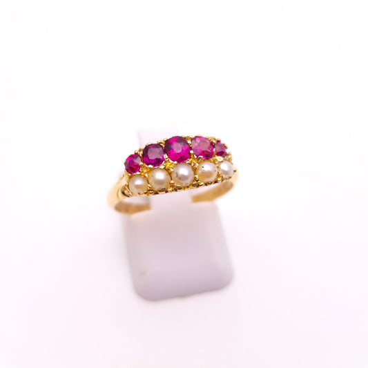 18ct Yellow Gold Antique Ruby and Pearl Double Row Block Ring
