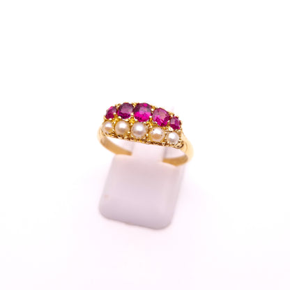 18ct Yellow Gold Antique Ruby and Pearl Double Row Block Ring