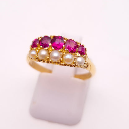18ct Yellow Gold Antique Ruby and Pearl Double Row Block Ring