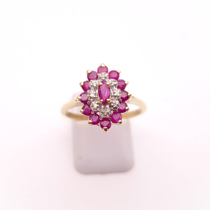 9ct Yellow Gold Ruby and Diamond Marquise Cluster Ring