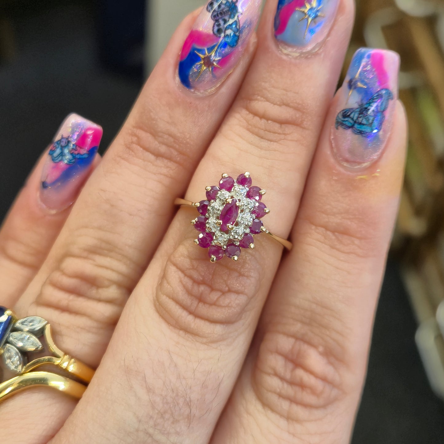 9ct Yellow Gold Ruby and Diamond Marquise Cluster Ring