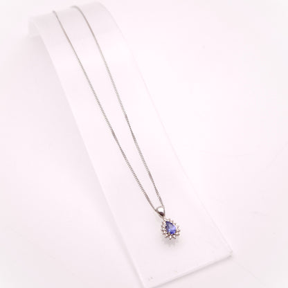 9ct White Gold Pear Shaped Tanzanite and Diamond Cluster Pendant &Chain Necklace