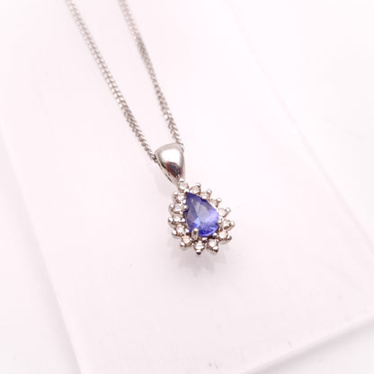 9ct White Gold Pear Shaped Tanzanite and Diamond Cluster Pendant &Chain Necklace