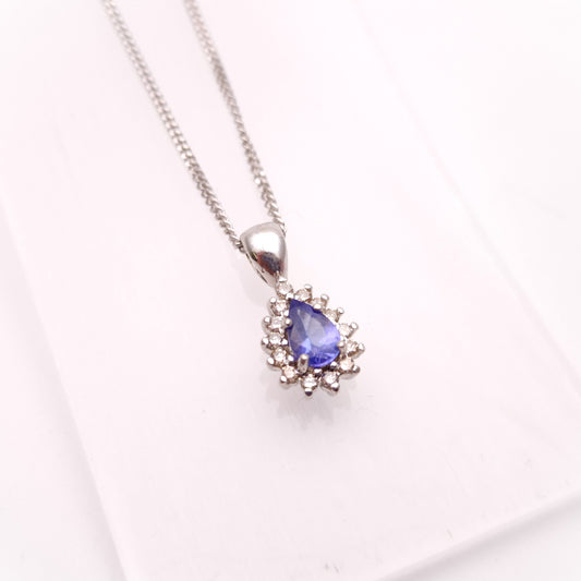 9ct White Gold Pear Shaped Tanzanite and Diamond Cluster Pendant &Chain Necklace