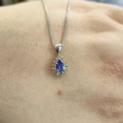 9ct White Gold Pear Shaped Tanzanite and Diamond Cluster Pendant &Chain Necklace