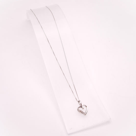 9ct White Gold Lightweight Diamond Set Open Heart Pendant Necklace