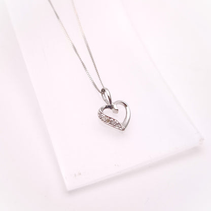 9ct White Gold Lightweight Diamond Set Open Heart Pendant Necklace