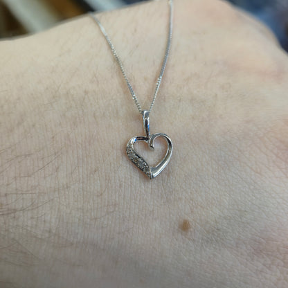 9ct White Gold Lightweight Diamond Set Open Heart Pendant Necklace