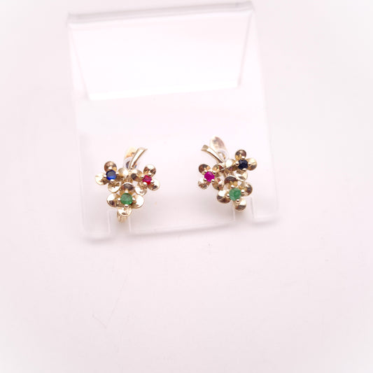 9ct Yellow Gold Ruby, Emerald and Sapphire Small Flower Hoop Stud Earrings