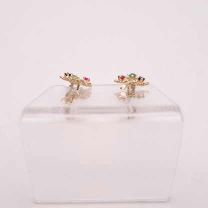 9ct Yellow Gold Ruby, Emerald and Sapphire Small Flower Hoop Stud Earrings