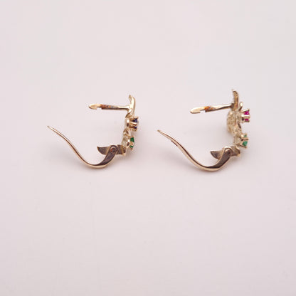 9ct Yellow Gold Ruby, Emerald and Sapphire Small Flower Hoop Stud Earrings