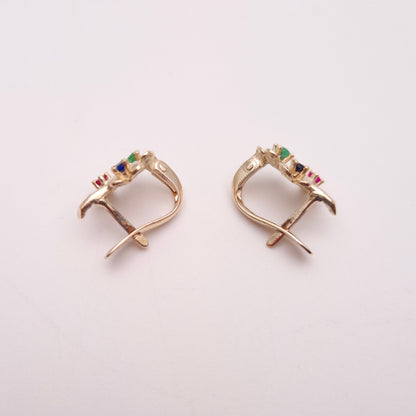 9ct Yellow Gold Ruby, Emerald and Sapphire Small Flower Hoop Stud Earrings
