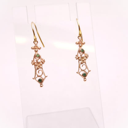 9ct Yellow gold Vintage Emerald Floral Cut out Drop Earrings