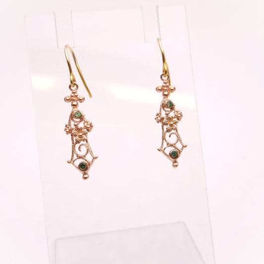 9ct Yellow gold Vintage Emerald Floral Cut out Drop Earrings