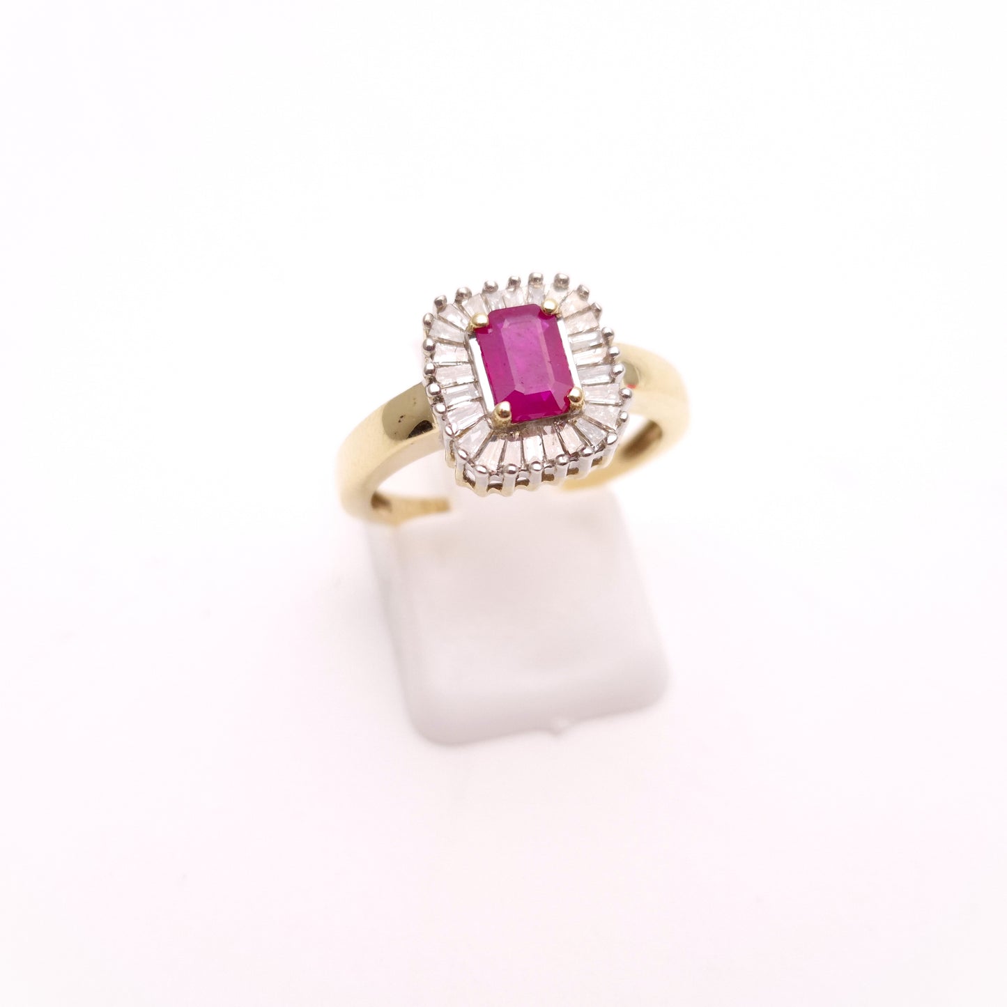10ct Yellow Gold Emerald Cut Ruby and Baguette Cut Diamond Cluster Ring