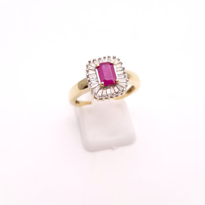 10ct Yellow Gold Emerald Cut Ruby and Baguette Cut Diamond Cluster Ring