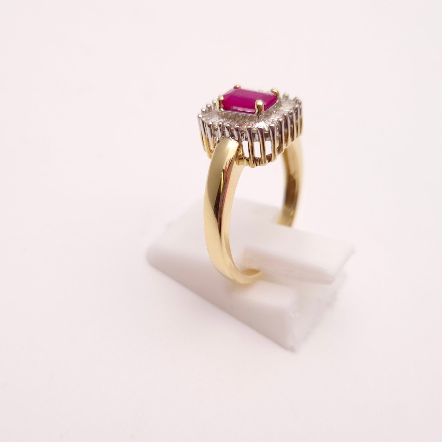 10ct Yellow Gold Emerald Cut Ruby and Baguette Cut Diamond Cluster Ring