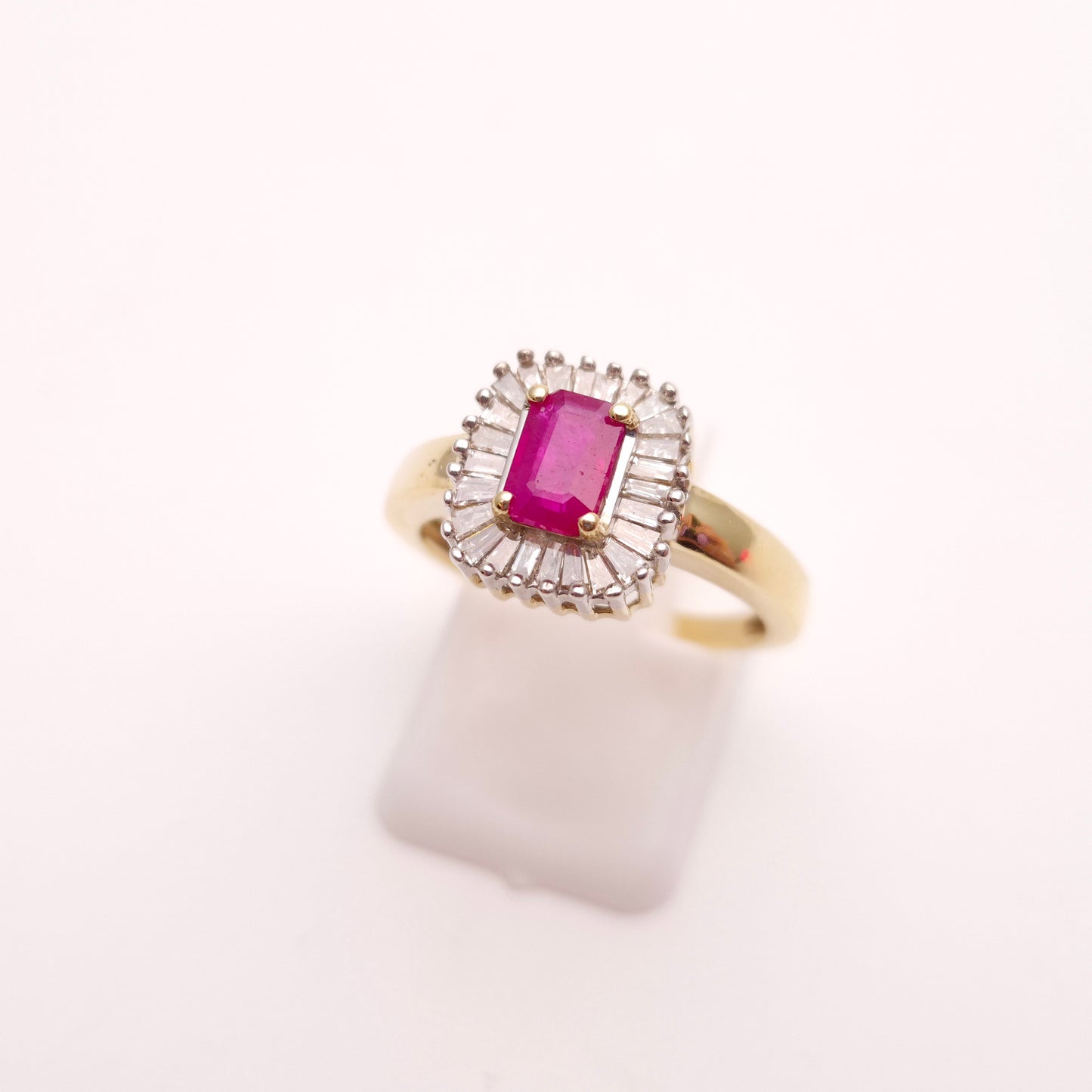 10ct Yellow Gold Emerald Cut Ruby and Baguette Cut Diamond Cluster Ring