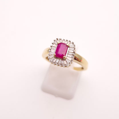 10ct Yellow Gold Emerald Cut Ruby and Baguette Cut Diamond Cluster Ring