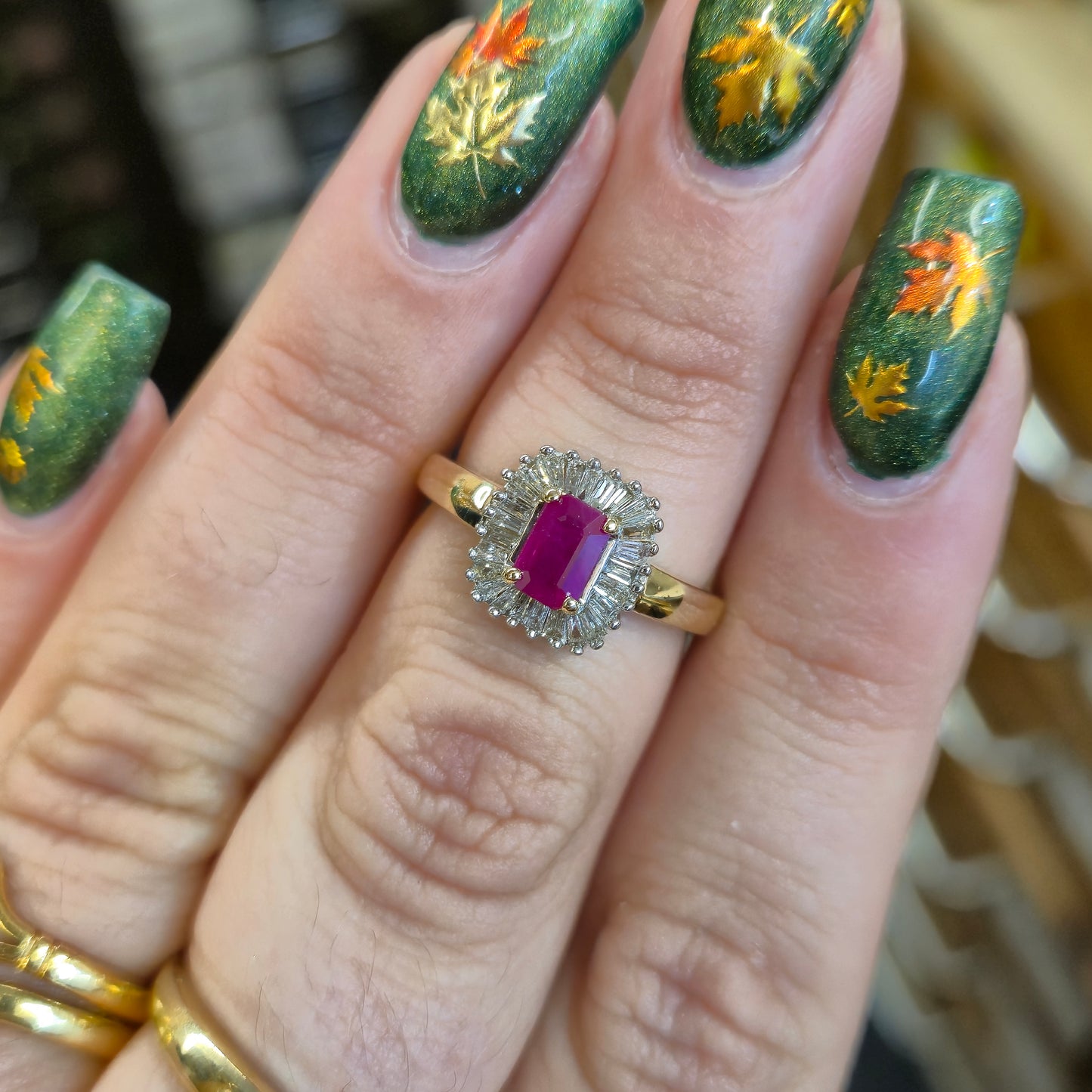 10ct Yellow Gold Emerald Cut Ruby and Baguette Cut Diamond Cluster Ring