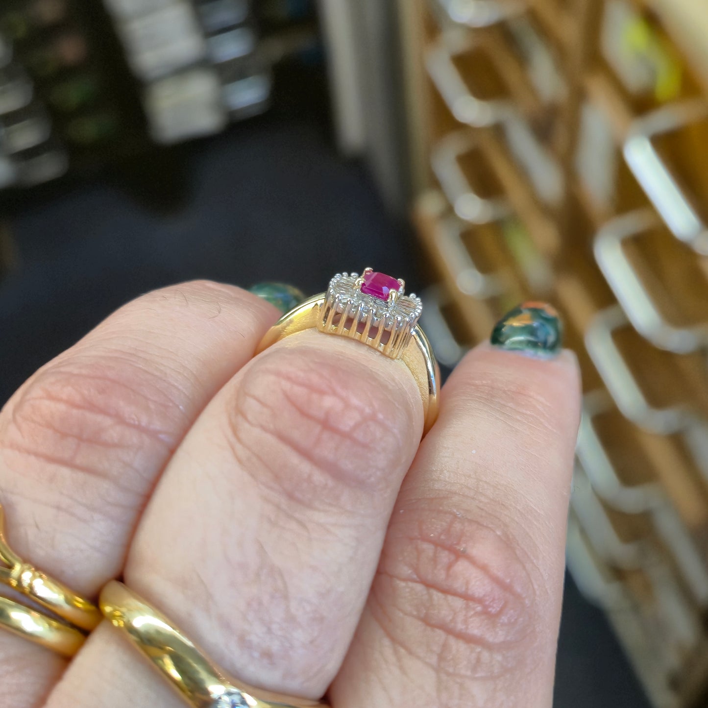 10ct Yellow Gold Emerald Cut Ruby and Baguette Cut Diamond Cluster Ring