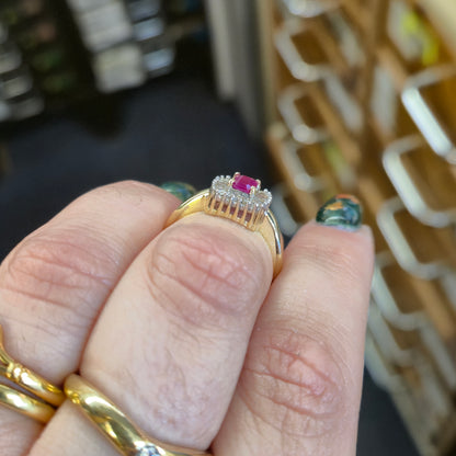 10ct Yellow Gold Emerald Cut Ruby and Baguette Cut Diamond Cluster Ring