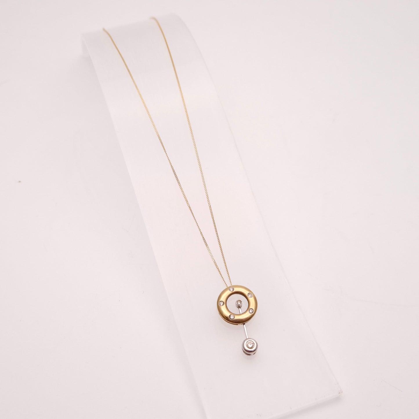 9ct Yellow Gold Diamond Set Donut / Ring Pendant With Swinging Bar Necklace