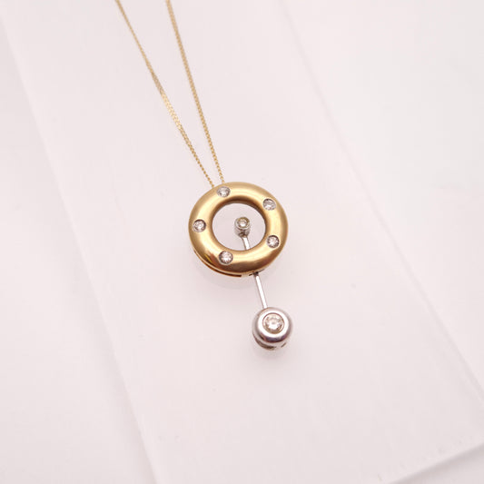 9ct Yellow Gold Diamond Set Donut / Ring Pendant With Swinging Bar Necklace