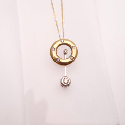 9ct Yellow Gold Diamond Set Donut / Ring Pendant With Swinging Bar Necklace