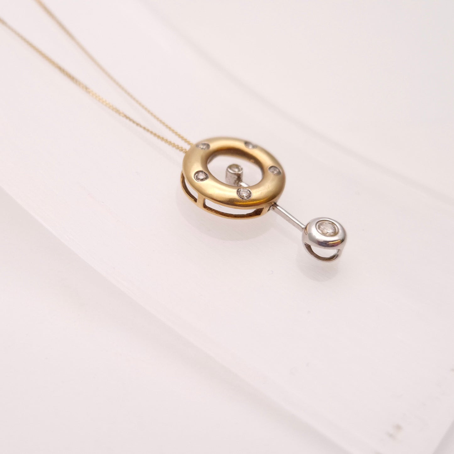 9ct Yellow Gold Diamond Set Donut / Ring Pendant With Swinging Bar Necklace