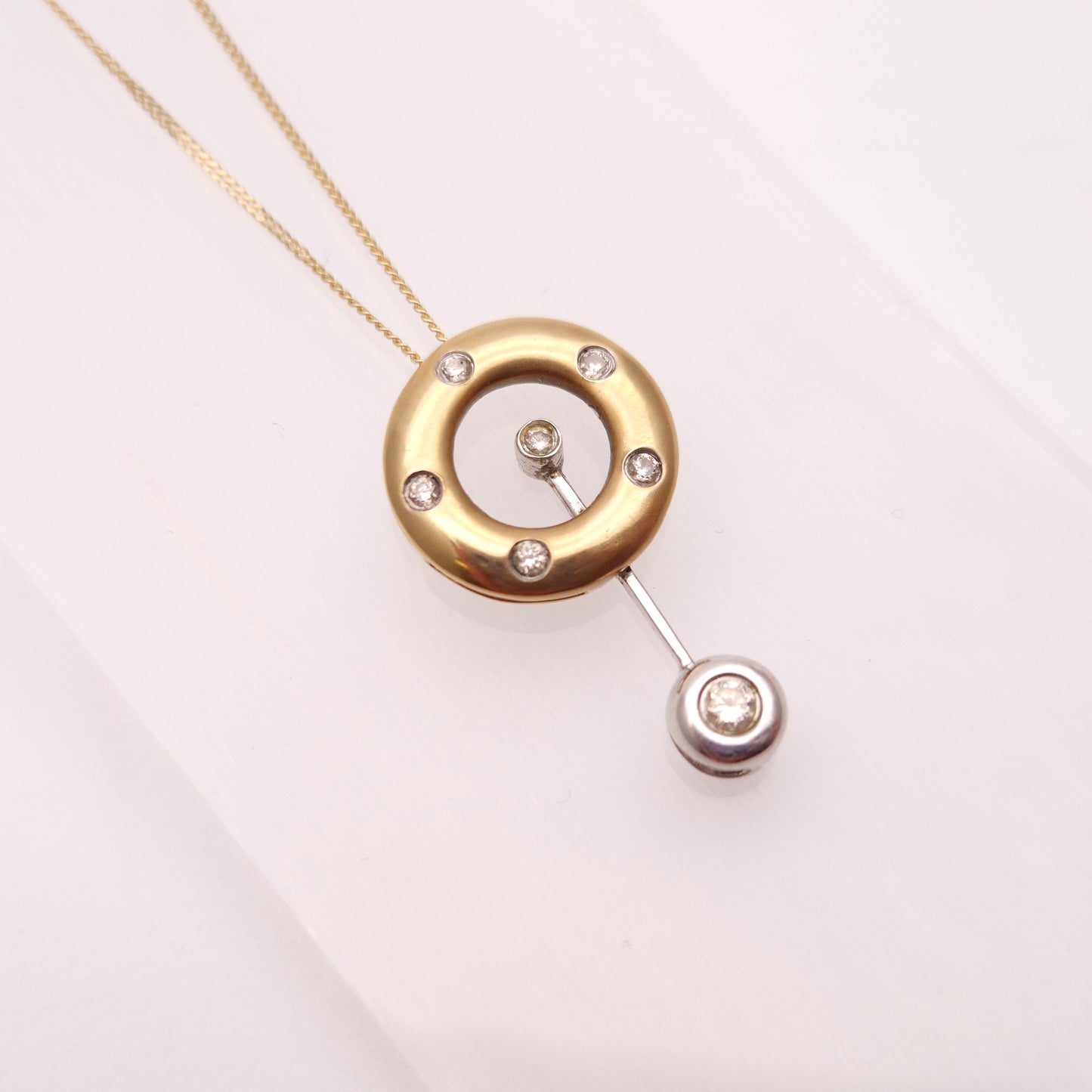 9ct Yellow Gold Diamond Set Donut / Ring Pendant With Swinging Bar Necklace