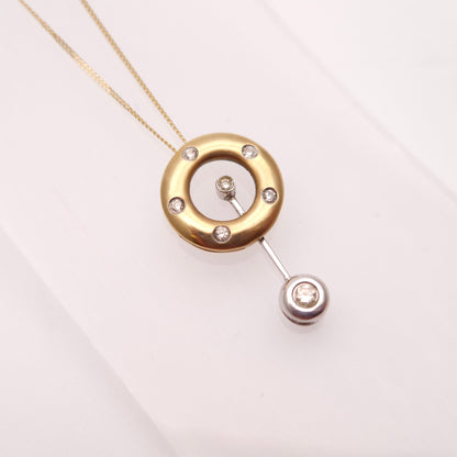 9ct Yellow Gold Diamond Set Donut / Ring Pendant With Swinging Bar Necklace