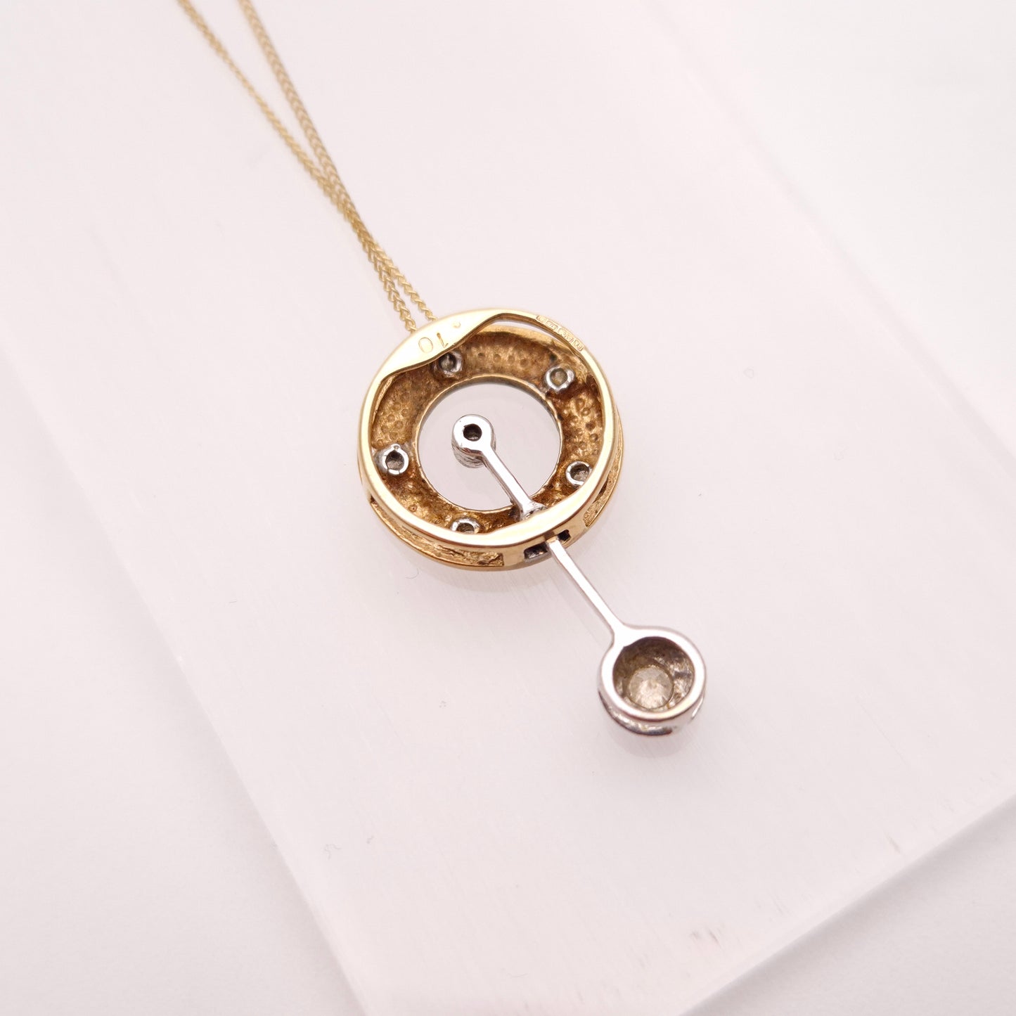 9ct Yellow Gold Diamond Set Donut / Ring Pendant With Swinging Bar Necklace