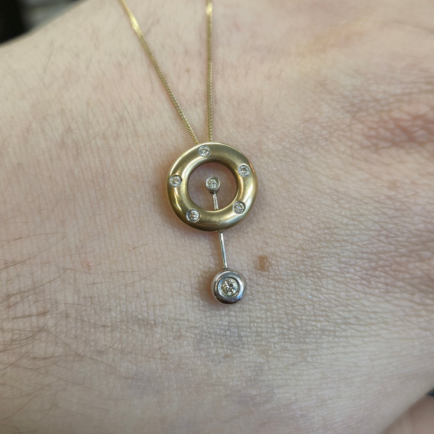9ct Yellow Gold Diamond Set Donut / Ring Pendant With Swinging Bar Necklace