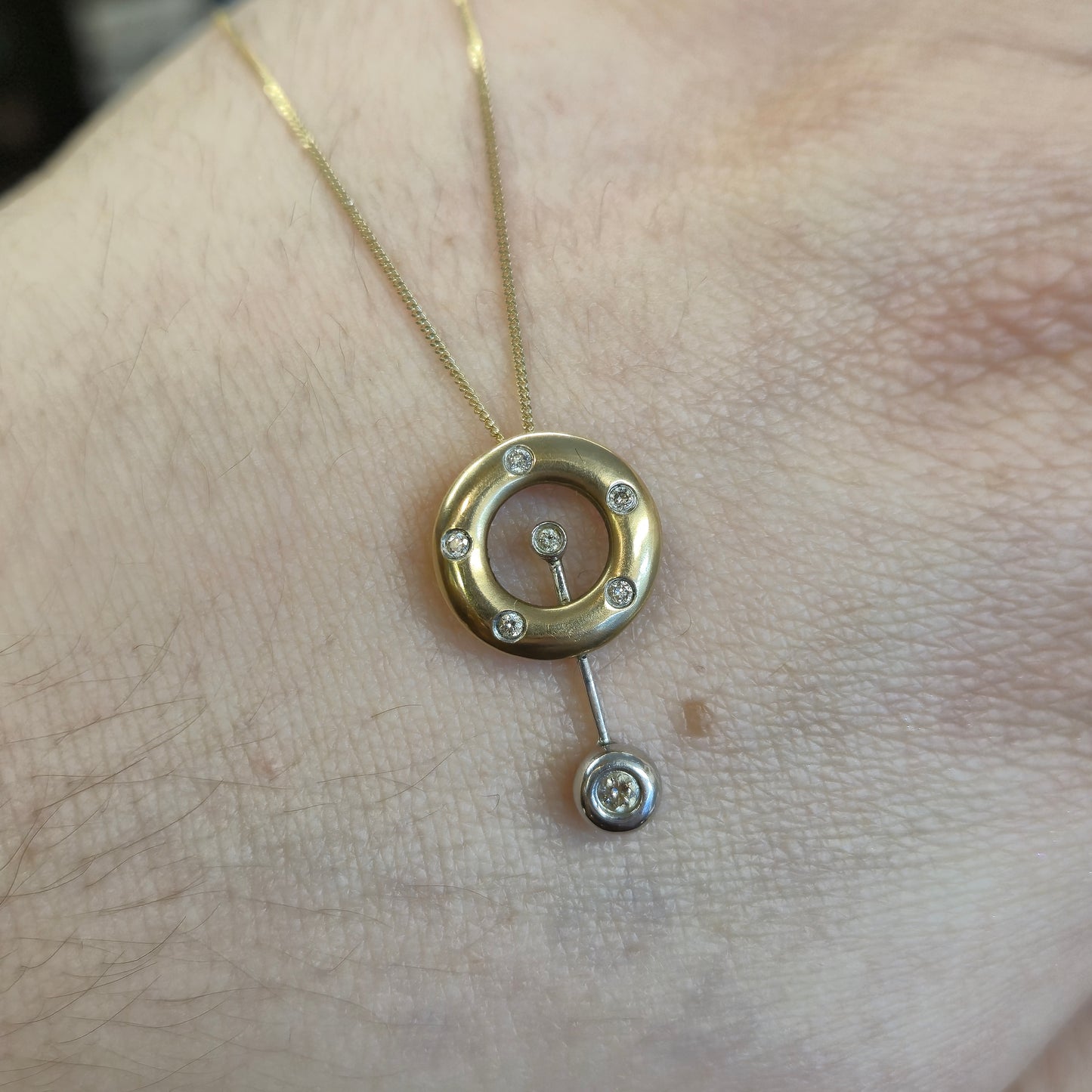 9ct Yellow Gold Diamond Set Donut / Ring Pendant With Swinging Bar Necklace