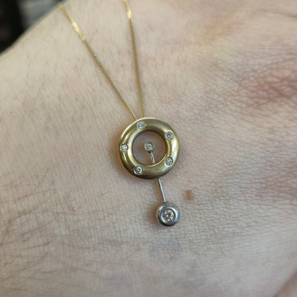 9ct Yellow Gold Diamond Set Donut / Ring Pendant With Swinging Bar Necklace