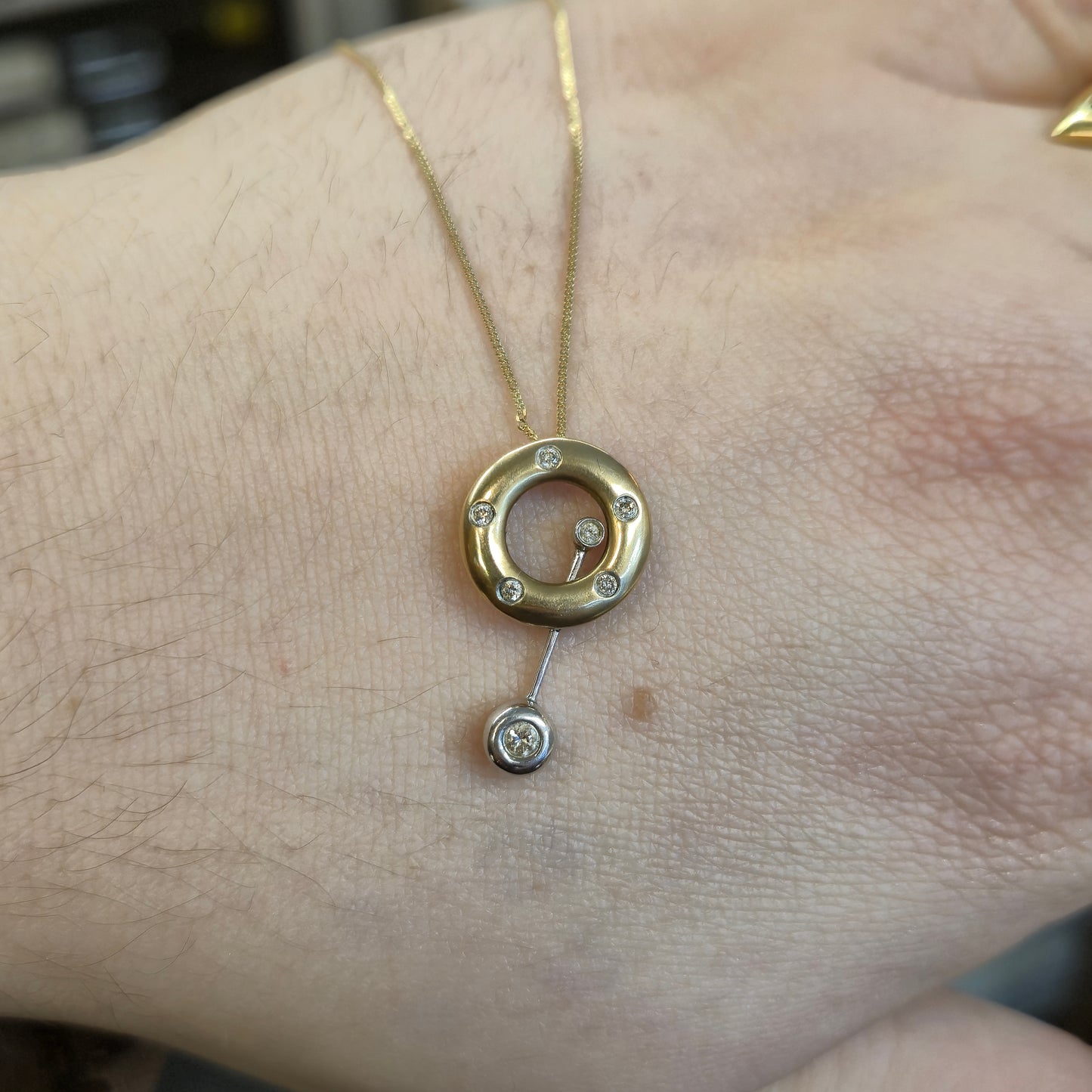 9ct Yellow Gold Diamond Set Donut / Ring Pendant With Swinging Bar Necklace