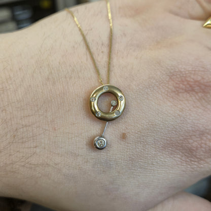 9ct Yellow Gold Diamond Set Donut / Ring Pendant With Swinging Bar Necklace