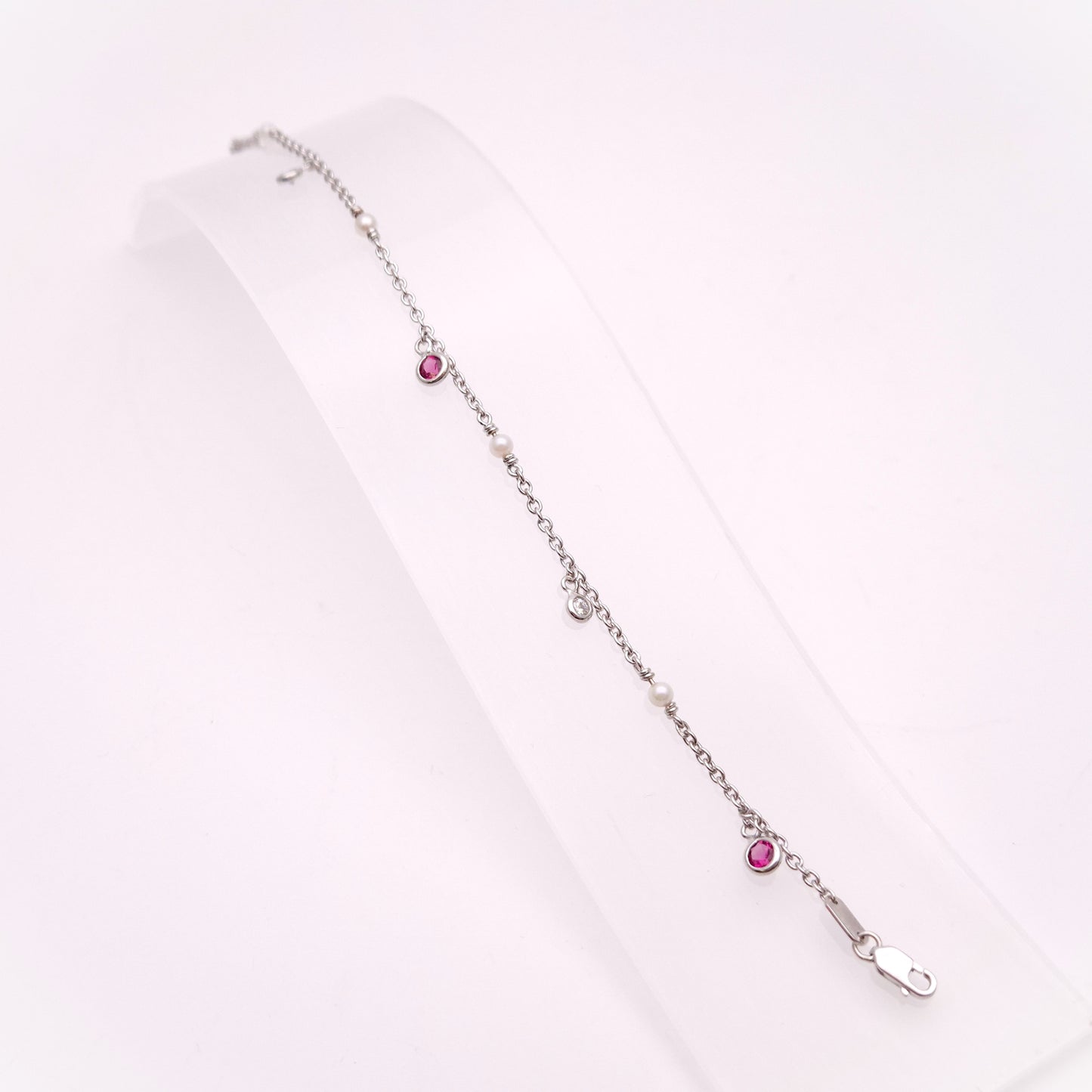 18ct White Gold Pink Tourmaline and Diamond Dropper and Pearl Chain Bracelet