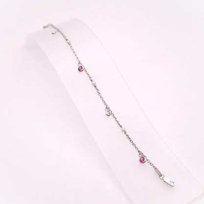 18ct White Gold Pink Tourmaline and Diamond Dropper and Pearl Chain Bracelet