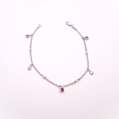 18ct White Gold Pink Tourmaline and Diamond Dropper and Pearl Chain Bracelet