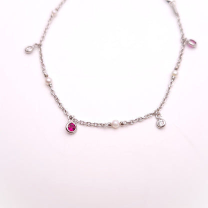 18ct White Gold Pink Tourmaline and Diamond Dropper and Pearl Chain Bracelet
