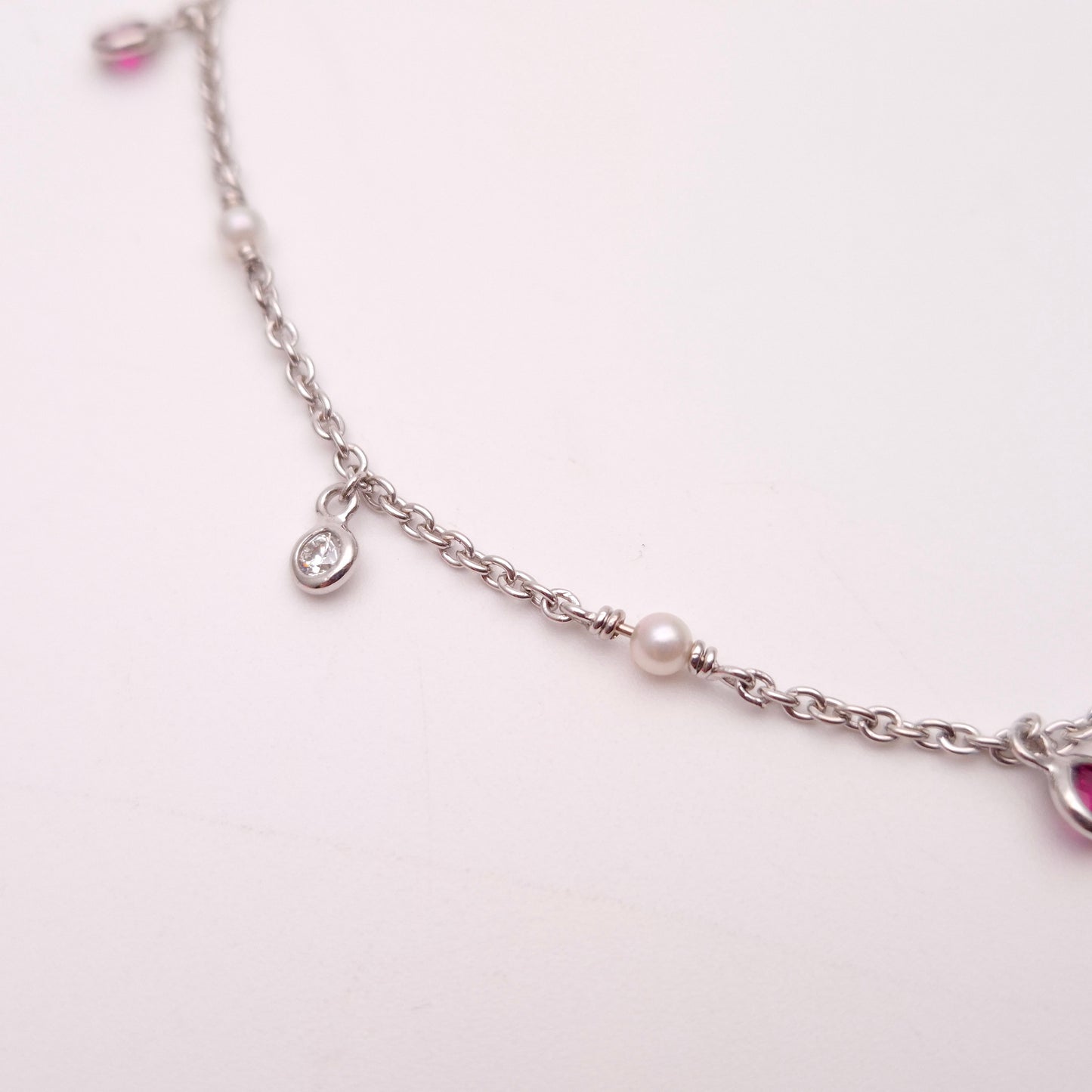18ct White Gold Pink Tourmaline and Diamond Dropper and Pearl Chain Bracelet