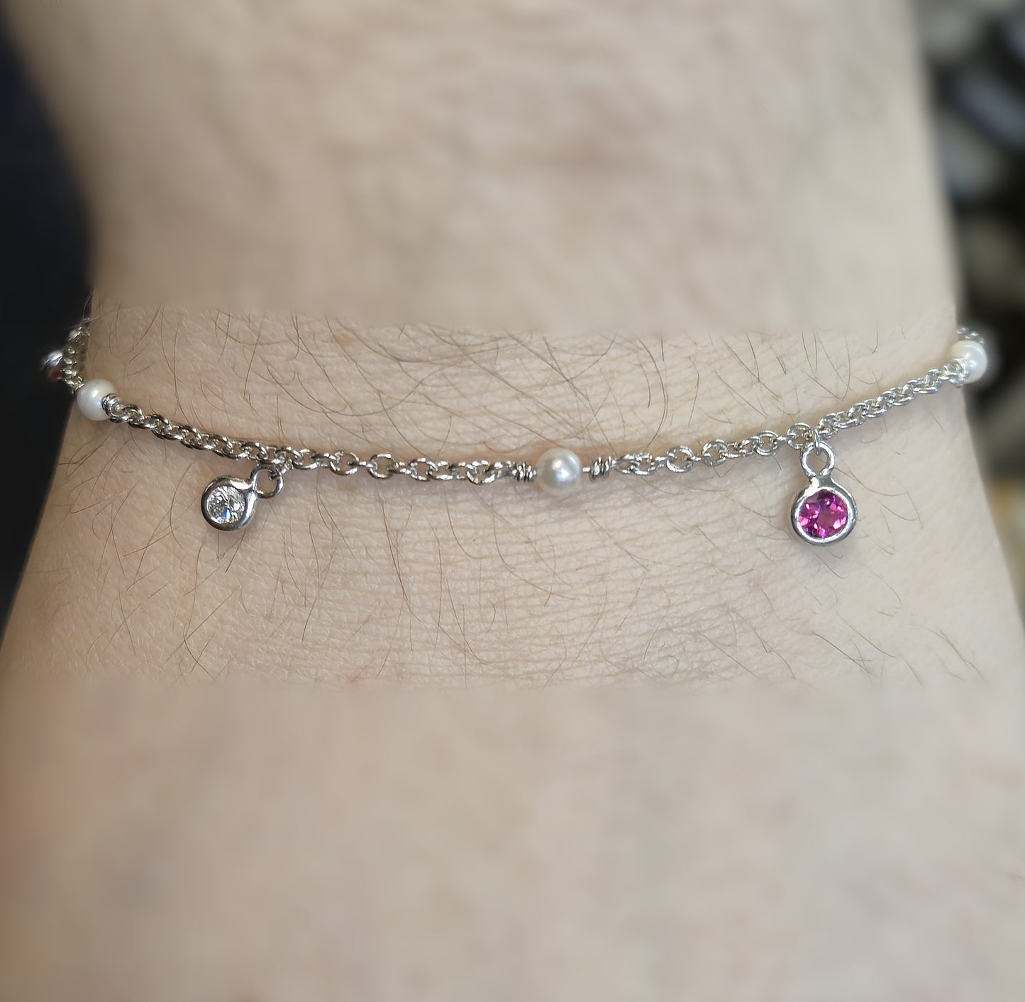 18ct White Gold Pink Tourmaline and Diamond Dropper and Pearl Chain Bracelet